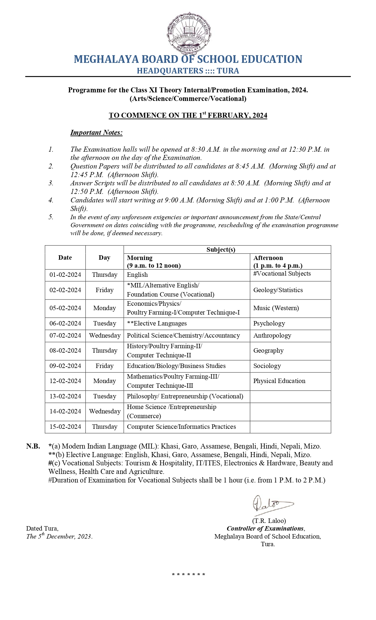 Programme for the Class XI Theory Internal/Promotion Examination, 2024.