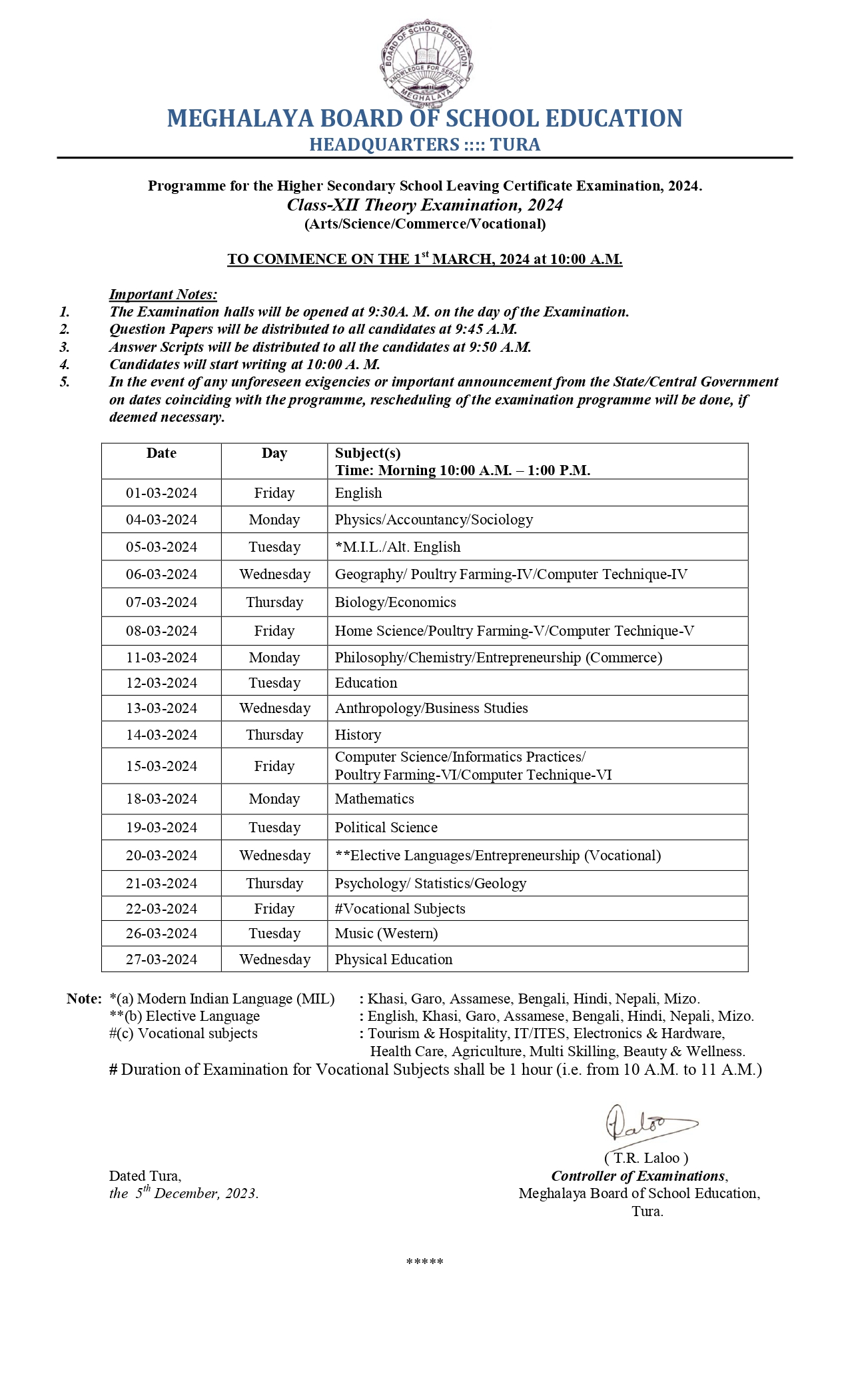 Programme for the HSSLC Examination, 2024